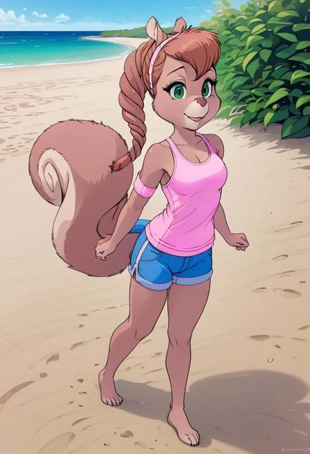 1girl, squirrel tail, pink sport bra, detailed background, squirrel ears, 1girl, green eyes, long hair, full body view, braided ponytail, blue short shorts. (sand beach:1,4), walking, smile