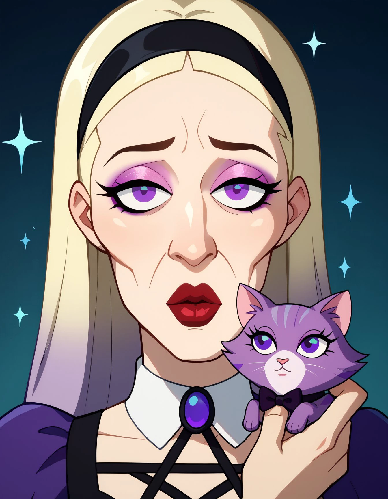 score_9, score_8_up, score_7_up, score_6_up BREAK, handsomize, sparkle, 1girl, blonde hair, black hairband, nose, makeup, red lips, purple eyes, long hair, dress, gradient hair, puffy short sleeves,mal1c3-dh, holding cat <lora:add-detail-xl:0.5> <lora:Malice_-_Kite_Man:0.7>  <lora:handsomize_x_pdxl_v1:1>