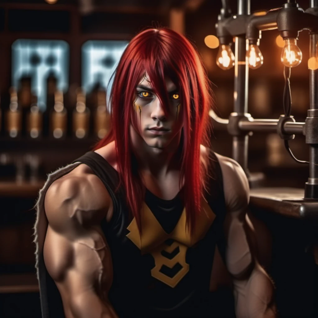 cinematic photo 1boy, red long hair, yellow eyes, black sclera, muscular, giant weapon, electricity, in a pub <lora:Thor1024:0.8> . 35mm photograph, film, bokeh, professional, 4k, highly detailed