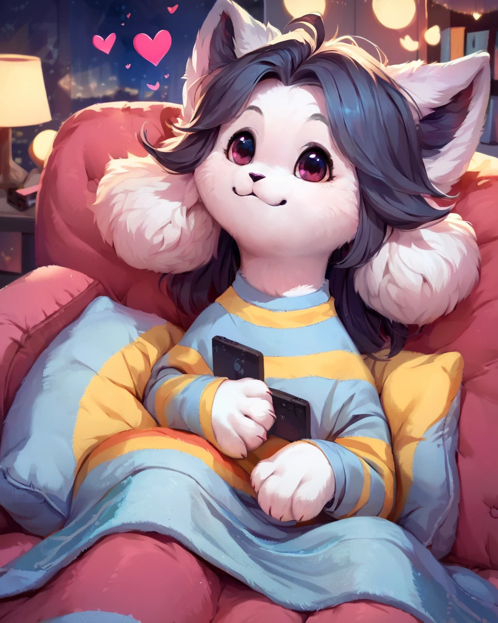 score_9, score_8_up, score_7_up, score_6_up, rating_safe, feral, t3mmie, striped t3mmie_shirt, hair, cute, <3,  watching tv, night, couch, blanket,  <lora:Temmie:1>