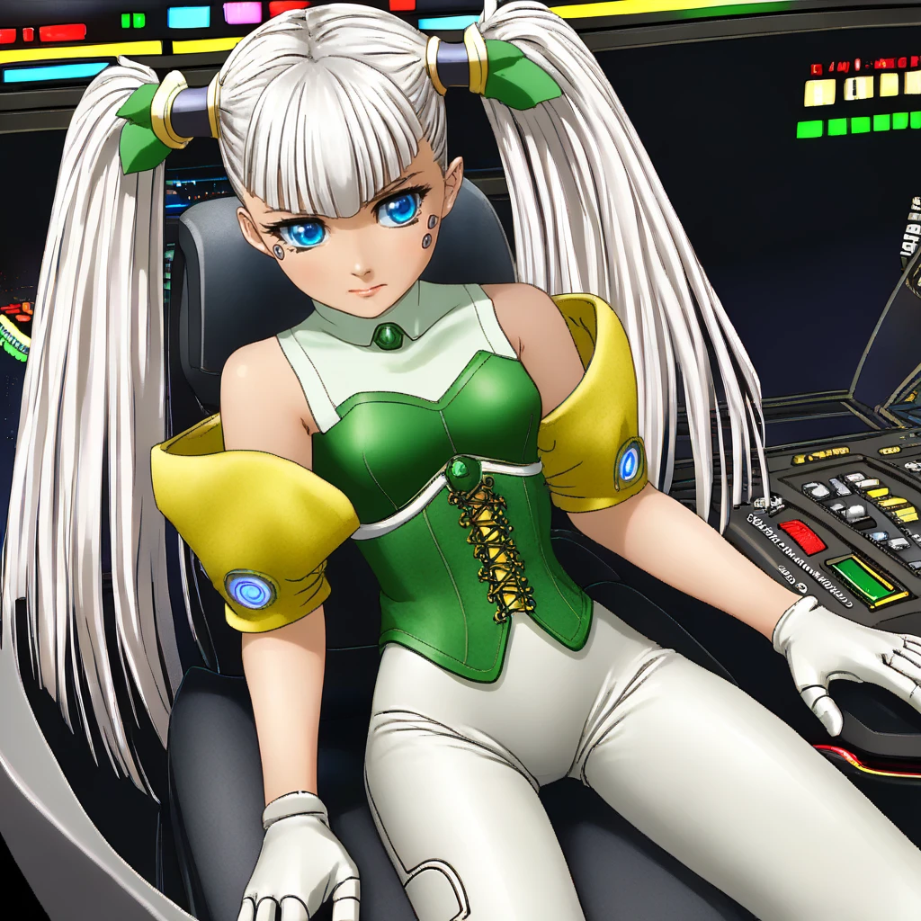 1girl, solo, sit, cockpit, colored lights, dashboard, <lora:ToloneXLpony:1> Tolone, android, robot joints, blue eyes, twintails, white hair, long hair, bare shoulders, yellow sleeves, white gloves, green bodysuit, yellow corset,