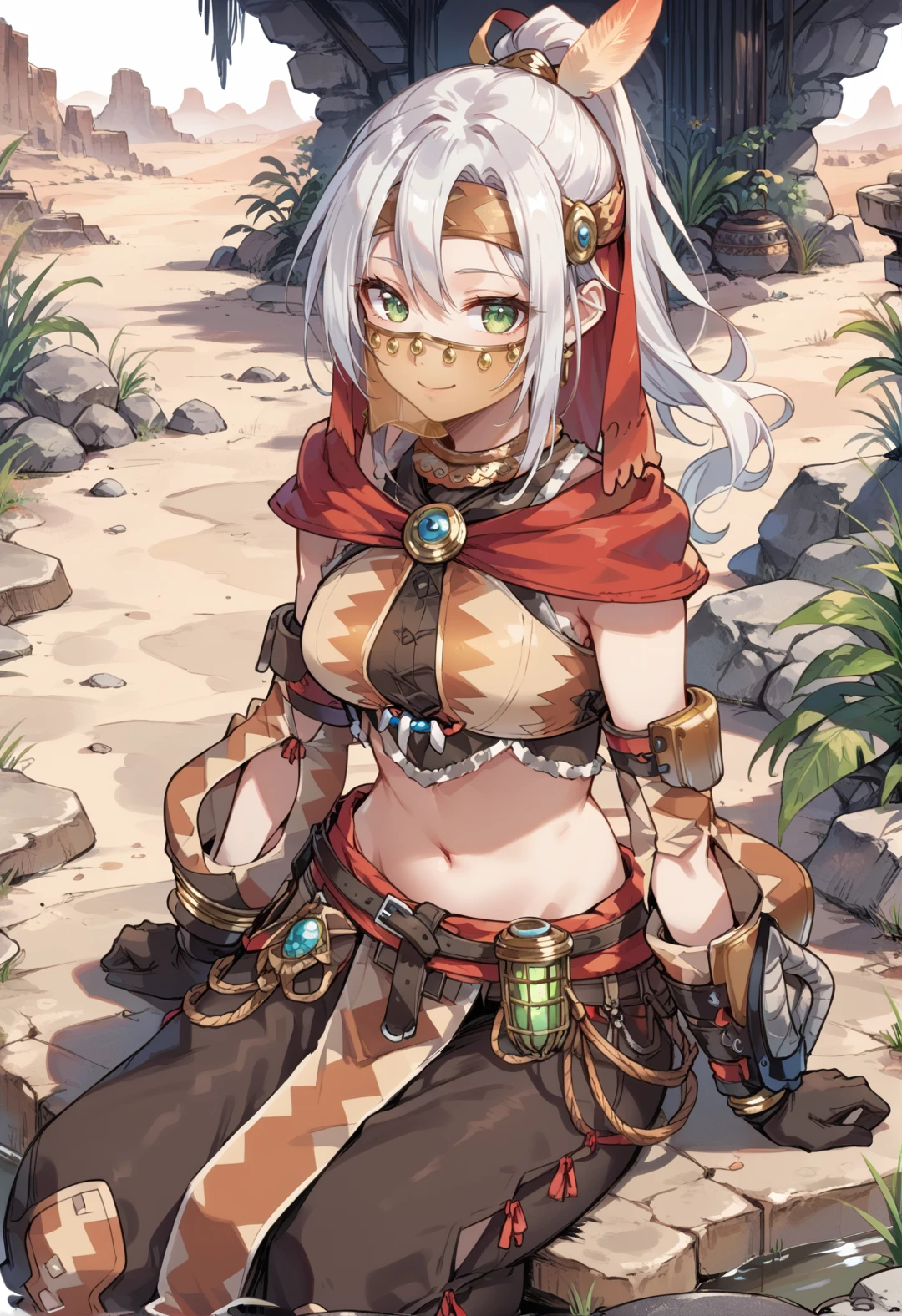 (score_9:0.9),score_8_up,score_7_up,rating_safe,anime style,(zPDXL),<lora:kulu armor ponyXL v1:0.77>,kulu armor,1girl,navel,smile,green eyes,ponytail,white hair,looking at viewer,white background,midriff,long hair,solo,brown veil,brown crop top,brown detached sleeves,brown pelvic curtain,medium breasts,closed mouth,feather headband,red cape,black baggy pants,sitting on stone,desert,