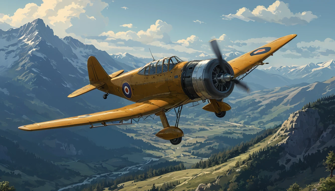 classic aircraft over the mountains, detailed, highres, masterpiece