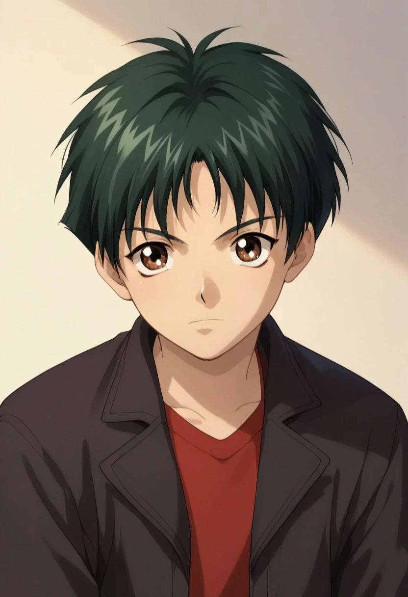 score_9, score_8_up, score_7_up, source_anime, highly detailed, 
sugurufujisaki, solo, brown eyes, male focus, 1boy, short hair, green hair, jacket, red shirt,
closed mouth, upper body,