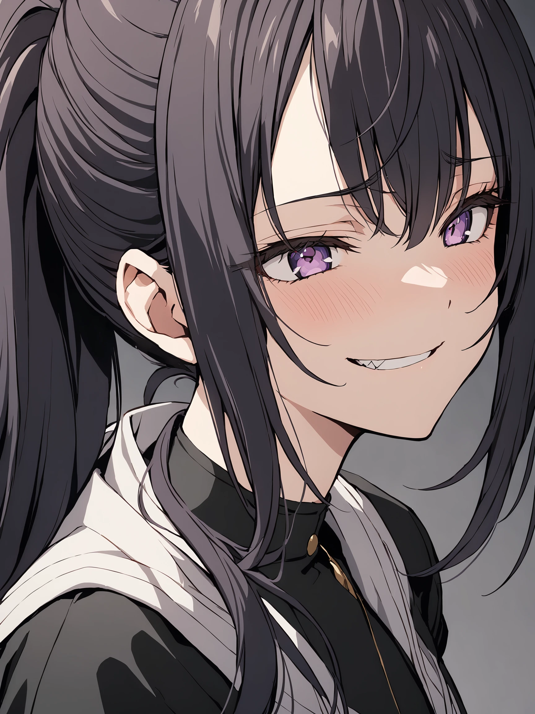 suouyuki_imoto, purple eyes, black hair, long hair, ponytail,
portrait, close up, shy face, evil grin,
best quality, masterpiece,
<lora:hinaAlyaMashaYuki_sdxl_wifu_v1:0.7>