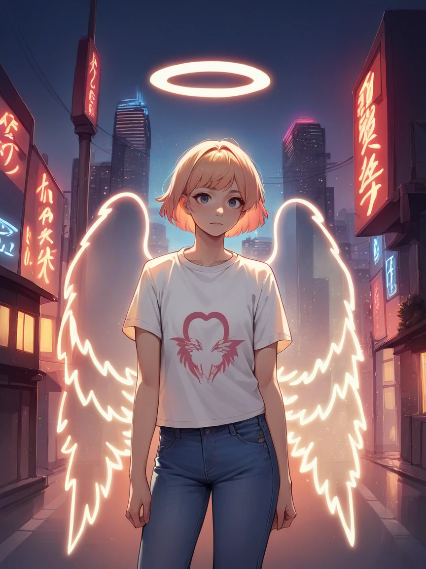 score_9, score_8_up, score_7_up, score_6_up, score_5_up,  source_anime,  <lora:n30nw1ngsXLP2:0.8> n30nw1ngs, neon light wings, wings, angel, cityscape, jeans, t-shirt, multicolored, halo,