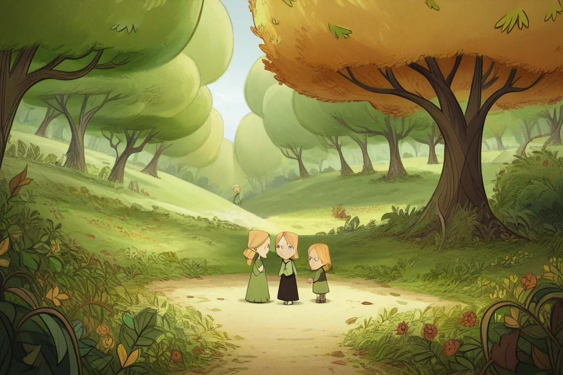 score_9, score_8, score_7, score_6, robyngoodfellowe, wolfwalkers_studio_saloon_style, multiple girls, blonde hair, tree, flower, outdoors, blue eyes, hair ornament, dress, plant, nature, scenery, child, leaf<lora:EMS-441874-EMS:1.000000>