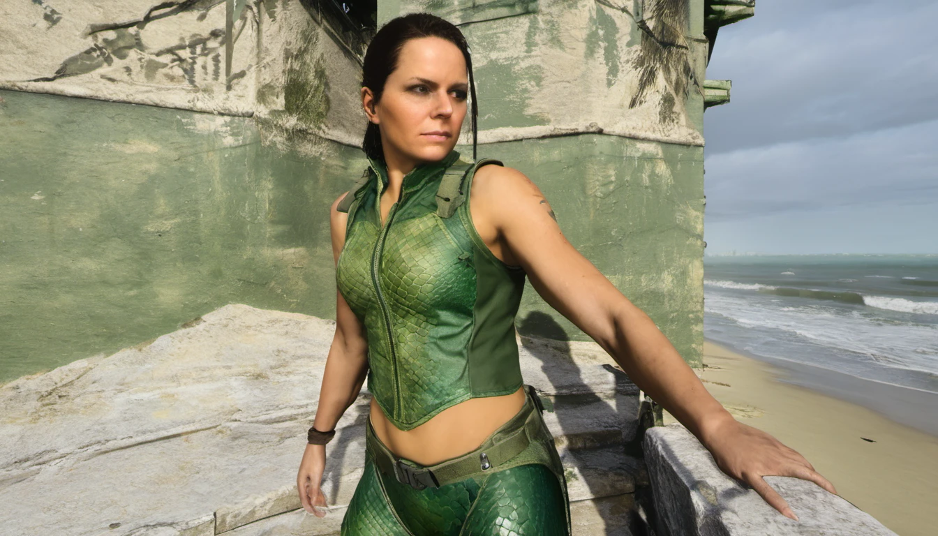 mw19 style, upper body shot of an american woman wearing a green sleeveless costume with scales, looking towards the viewer, standing at the shore of a beach