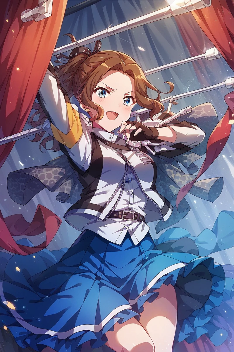 score_9, score_8_up, score_7_up, score_6_up, 1girl,
 <lora:Hisame_Honami:0.9> hisame, skirt, brown hair, blue skirt, solo, blue eyes, fingerless gloves, stage outfit, color lights, red curtain, stage,