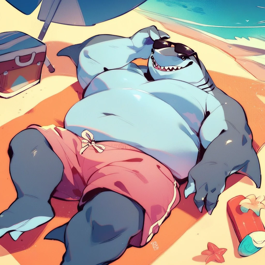 score_9, score_8_up, score_7_up, score_6_up, score_5_up, score_4_up, king shark, shark, anthro, fat, three toes, pink shorts, outside, beach background, beach scenery, water, relaxing, laying down, looking at viewer, sunglasses, barefoot,