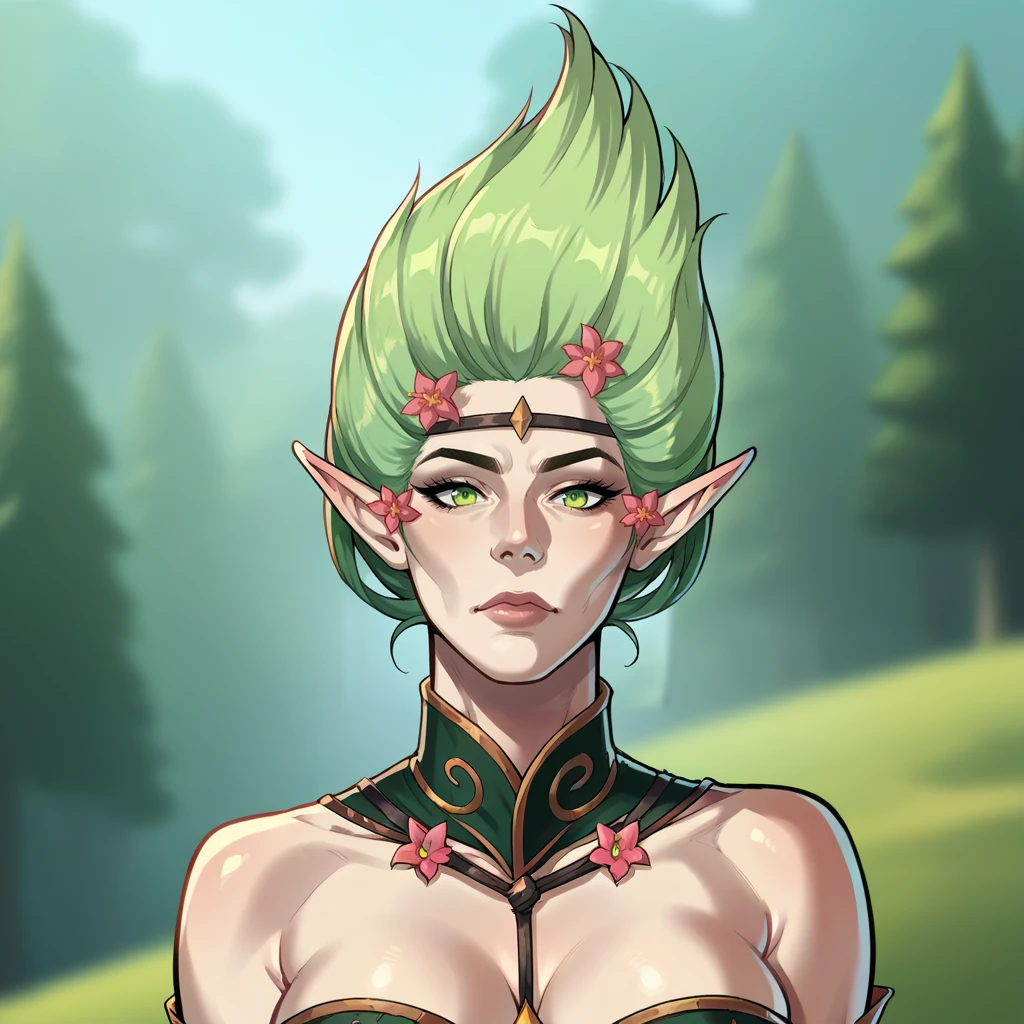 score_9, score_8_up, score_7_up, source_anime, anime, 2d, bust,
SpellSinger, mature woman, voluptuous, pointy ears, elf, green eyes, looking at viewer,  solo,
forest background, blurry background,
 <lora:SpellSinger_PonyXL:0.9>