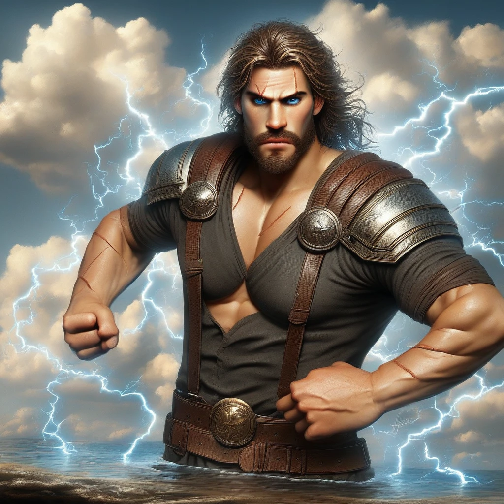 muscular male, water, fighting stance, partially submerged, solo, suspenders, beard, fruit, serious, torvir, manly, shirt, scar, armor, blue eyes, hands on hips, cloud, belt, realistic, pectorals, electricity