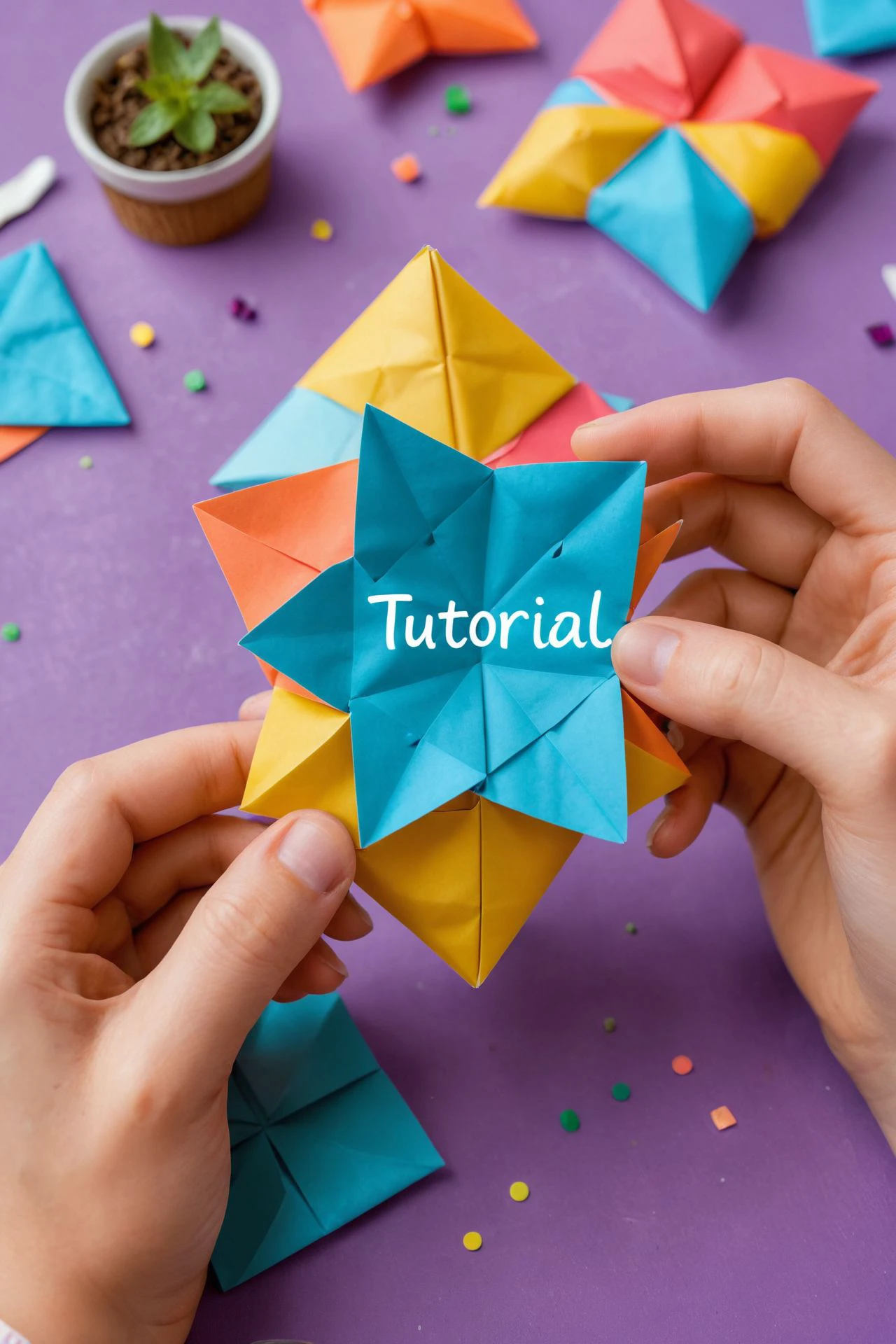 Person folding origami, background showing colorful paper, text: "Tutorial" 
,<lora:aidmaThumbnailXL-v0.1:0.75>  thumbnail, 
 <lora:text2:1> text:"TUTORIAL"