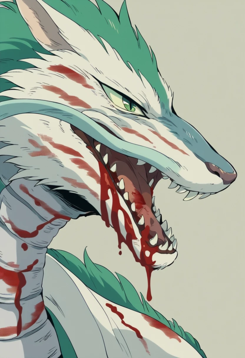 score_9, score_8_up, score_7_up, score_6_up, ghbl, blood, no humans, sharp teeth, teeth, green eyes, open mouth, Japanese dragon, moustache, multicolored fur, green eyes, open mouth, indoor, side view