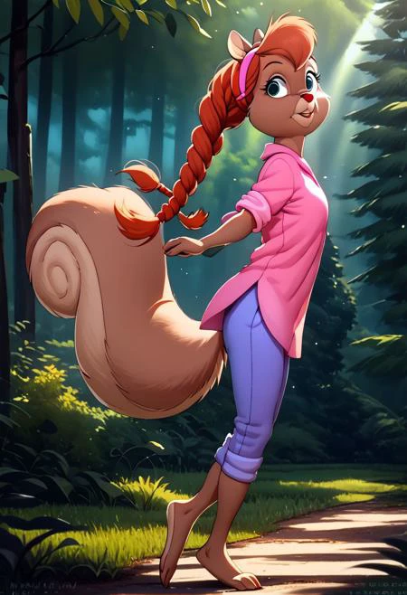 score_9, score_8_up, score_7_up, (best quality:1.1), ultra-detailed, great quality, anthro, high resolution, (((8k))), 1girl, squirrel, squirrel girl, day time, squirrel ears, side view, Tammy Squirrel, natural light, detailed sun rays, summer, braided hair, daytime, looking at viewer, BREAK., highly detailed background, (forest:1,4), fast running, detailed squirrel legs, detailed barefoot, pink shirt, blue pants, highly detailed face, (very detailed face:1.4), fluffy fur