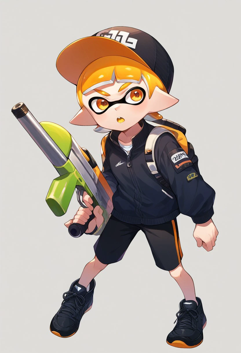 score_9, score_8, score_7, source_anime, inkling boy, splat shorts, holding weapon, black footwear, standing, sneakers, hat, jacket, open mouth, pants