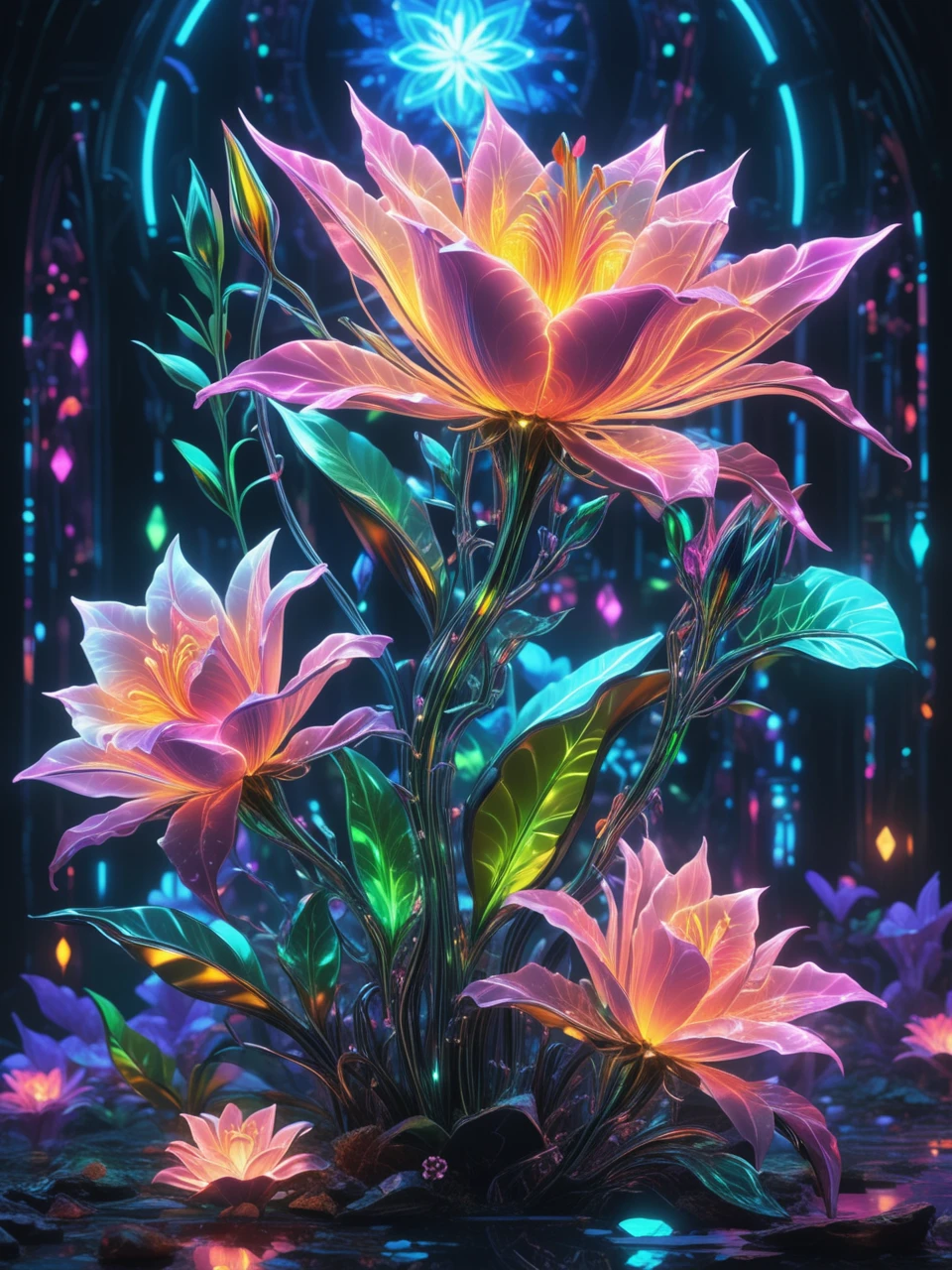 most beautiful cybernetic crystal rose and lily flowers glowing, artistic fragile, epic gloomy, biomechanical cyberpunk style, merge of flowers and computers, neon lights, top quality, light leaks, cinematic illustration, sensual