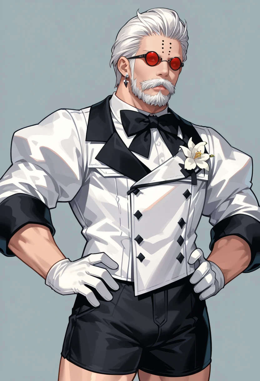 score_9, score_8_up,  score_7_up, source_anime,  mlgdbtdrs, beard, black shorts, black trim, boutonniere, white flower,  bowtie, male focus, moustache,  white gloves, white hair, white jacket, earrings, forehead markings, puffy sleeves  <lora:godbert-pdxl:1>,  red-tinted eyewear, flexing bicep, hand on one hip