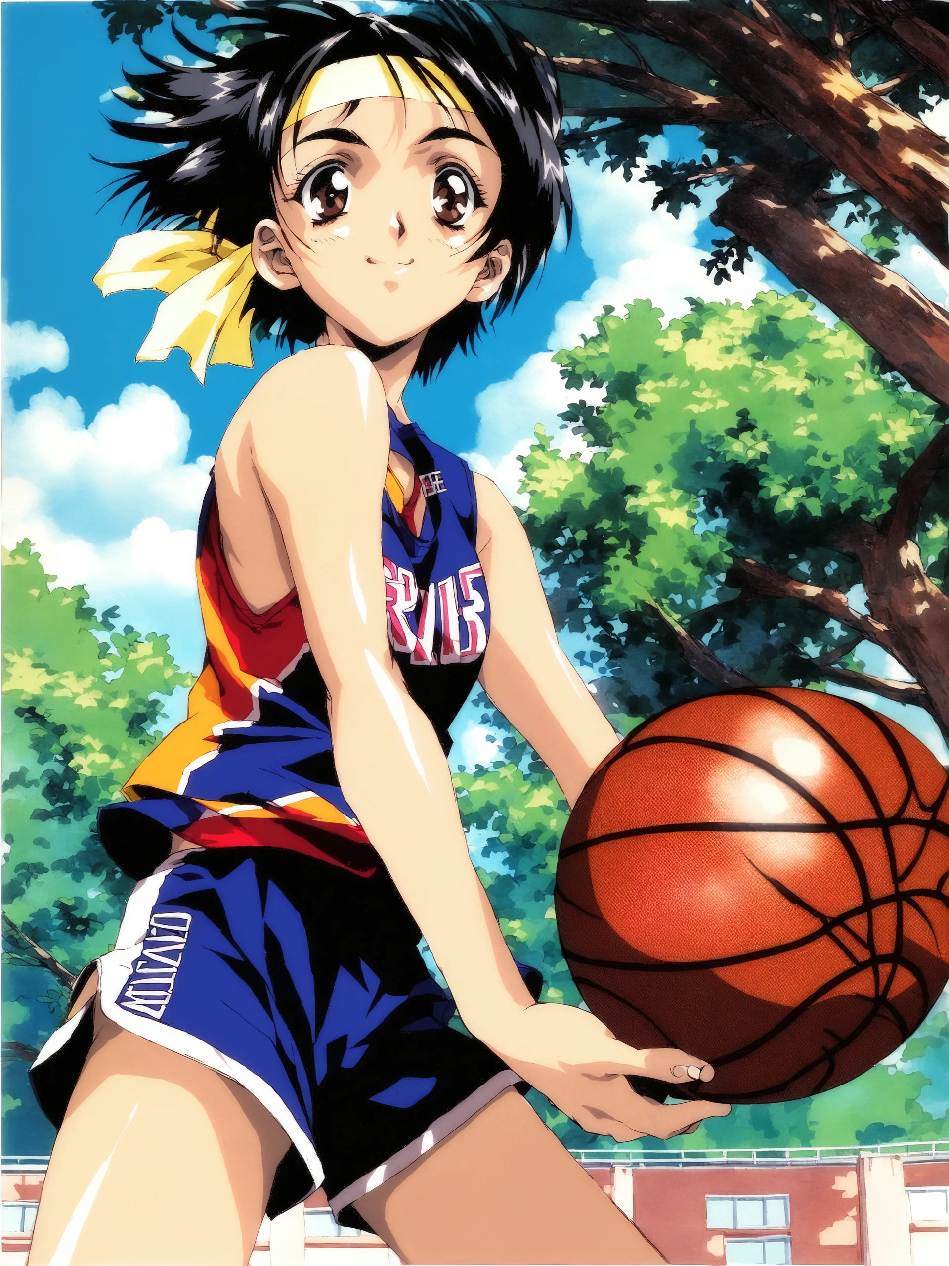 score_9, source_anime, score_8_up, score_7_up, best quality, by kawarajima kou, sensitive, 1girl, solo, breasts, looking at viewer, smile, short hair, black hair, holding, brown eyes, closed eyes, outdoors, small breasts, sky, shorts, day, cloud, tree, sideboob, headband, tank top, clothes writing, ball, sportswear, basketball (object), basketball, basketball uniform  <lora:NEW_ERAv2.1-000025:1>