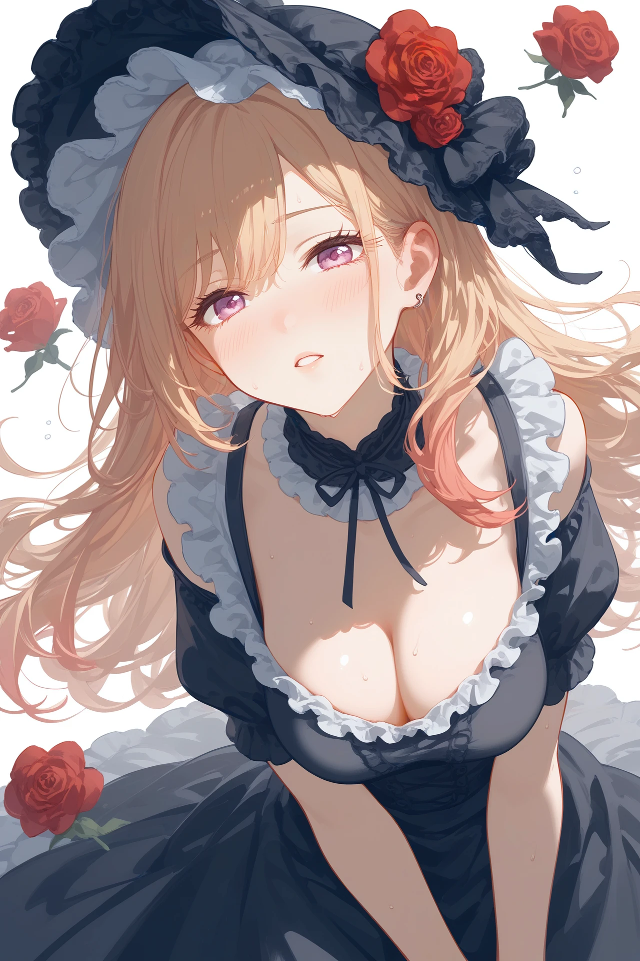 score_9, score_8_up, score_7_up,score_6_up
bonnet,frills,cleavage,bare shoulders,highres,dress,frilled collar,hot,hair ornament,parted lips,white background,large breasts,pixiv username,black dress,rose,simple background,long hair,breasts,looking at viewer,sono bisque doll wa koi wo suru,1girl,sweat,purple eyes