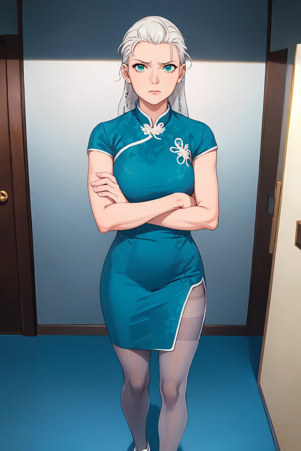 masterpiece,best quality,absurdres,1girl,imogenroyce,solo:1.2,blue dress,china dress,long hair,braid,standing,scowling,crossed arms,green eyes,indoors,underground bunker,metal walls,shoes,(pantyhose,white pantyhose:1.2),full body, <lora:ImogenRoyce15:0.9>, fcDetailPortrait