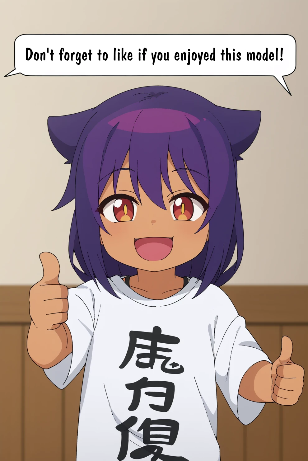 smiling, thumbs up to viewer, friendly, helpful, cheerful expression, Jahy, child, solo, clothes writing, white shirt, english text:"click like" <lora:Jahy-sama_wa_Kujikenai-Jahy-PDXL:0.8>