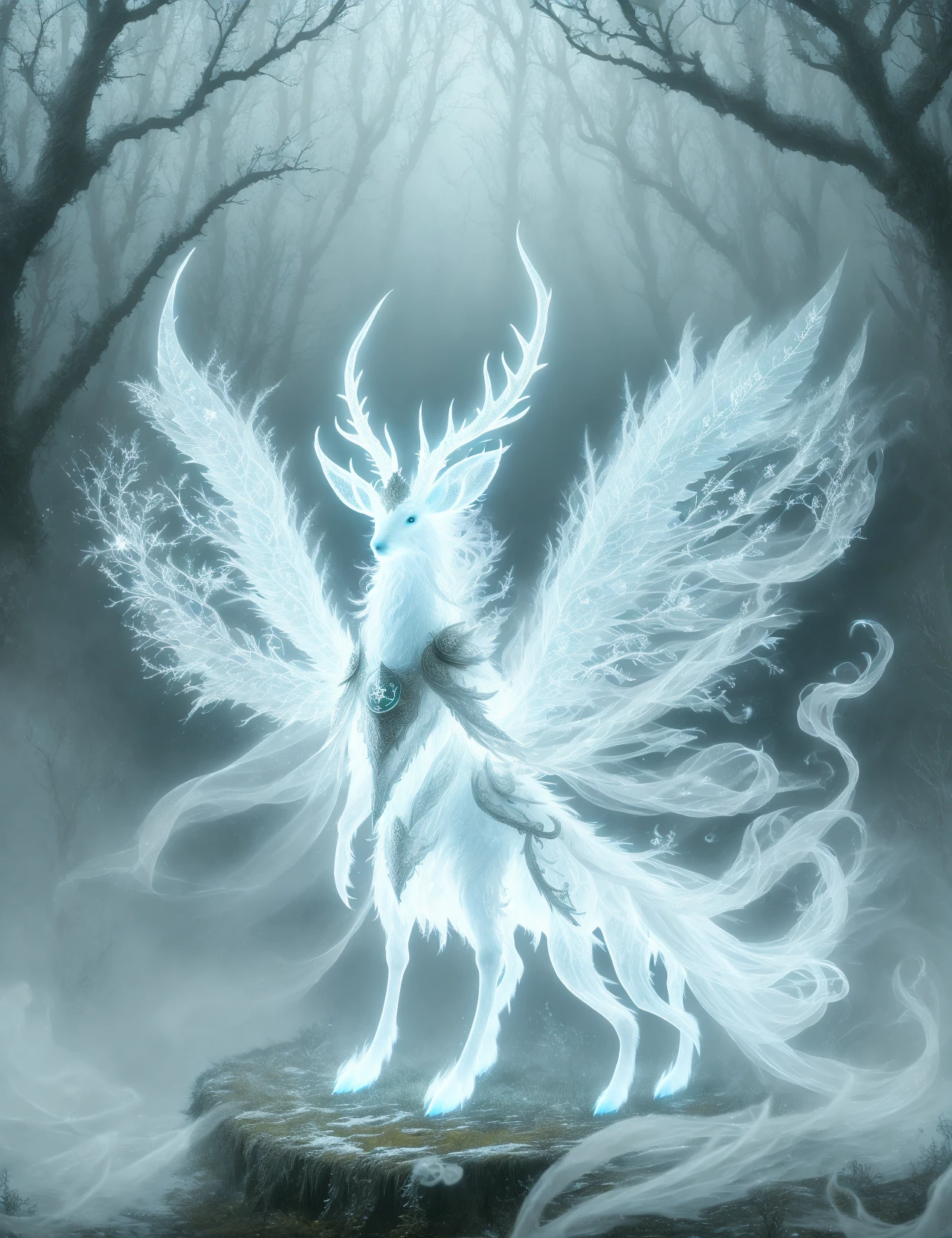 DonMG3157P4nz3r  wolpertinger, Ethereal nature spirit being, manifestation of frost and ice, delicate and fragile appearance,  symbol of transient beauty, harbinger of the changing seasons, ethereal and almost invisible presence , spectral veil, <lora:DonMG3157P4nz3r:0.8>