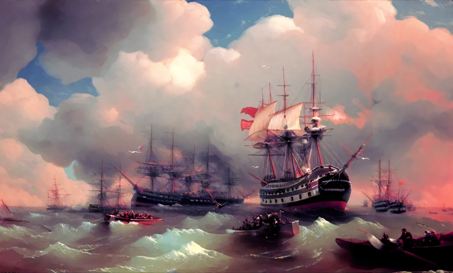 <lora:aivazovsky_pony_v2:1> 'calm sea' by aivazovsky ivan in 1853, battle painting \(genre\), romanticism \(style\),  boats-and-ships, ship battle, canon smoke, score_9, score_8_up, rating_explicit,explicit