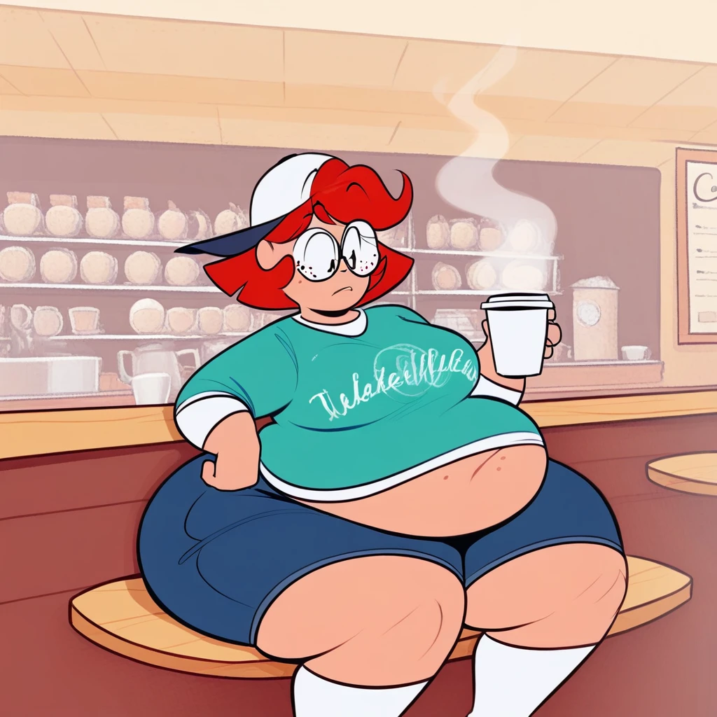 frankie foster from Foster's Home for Imaginary Friends holding a cup of coffee in a coffee shop, (bellysag:1.2), huge belly, score_9, score_8_up, score_7_up, score_6_up, score_5_up, score_4_up <lora:bellysag_v1-lr2e-4-2b-4ga-16dim--flip-nte-c_dim8-a8-c_a4-t_drp0.15-drp0.3-wgt_norm1-cosine-gammas-sdxlpony-000015-:1>