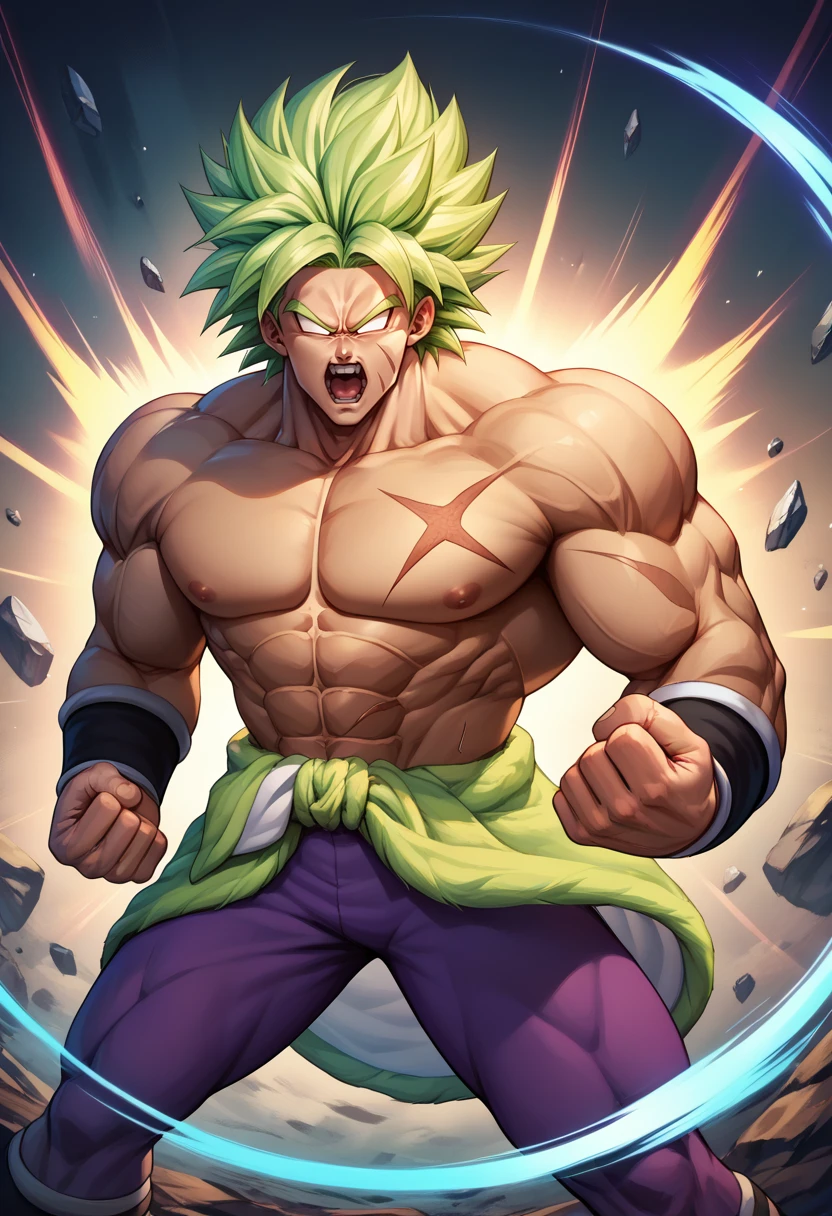 score_9, score_8_up, score_7_up,  <lora:BrolyDBSuper_pdxl_Incrs_v1:1>, brolyLSS, no pupils, male focus, 1boy, scar on chest, topless male, (muscular:1.6), muscular male, green hair, abs, pectorals, spiked hair, open mouth, super saiyan, purple pants, aura, full body, clothes around waist, nipples, scar on face, glowing, clenched hands, blank eyes, signature, teeth, alternate muscle size,