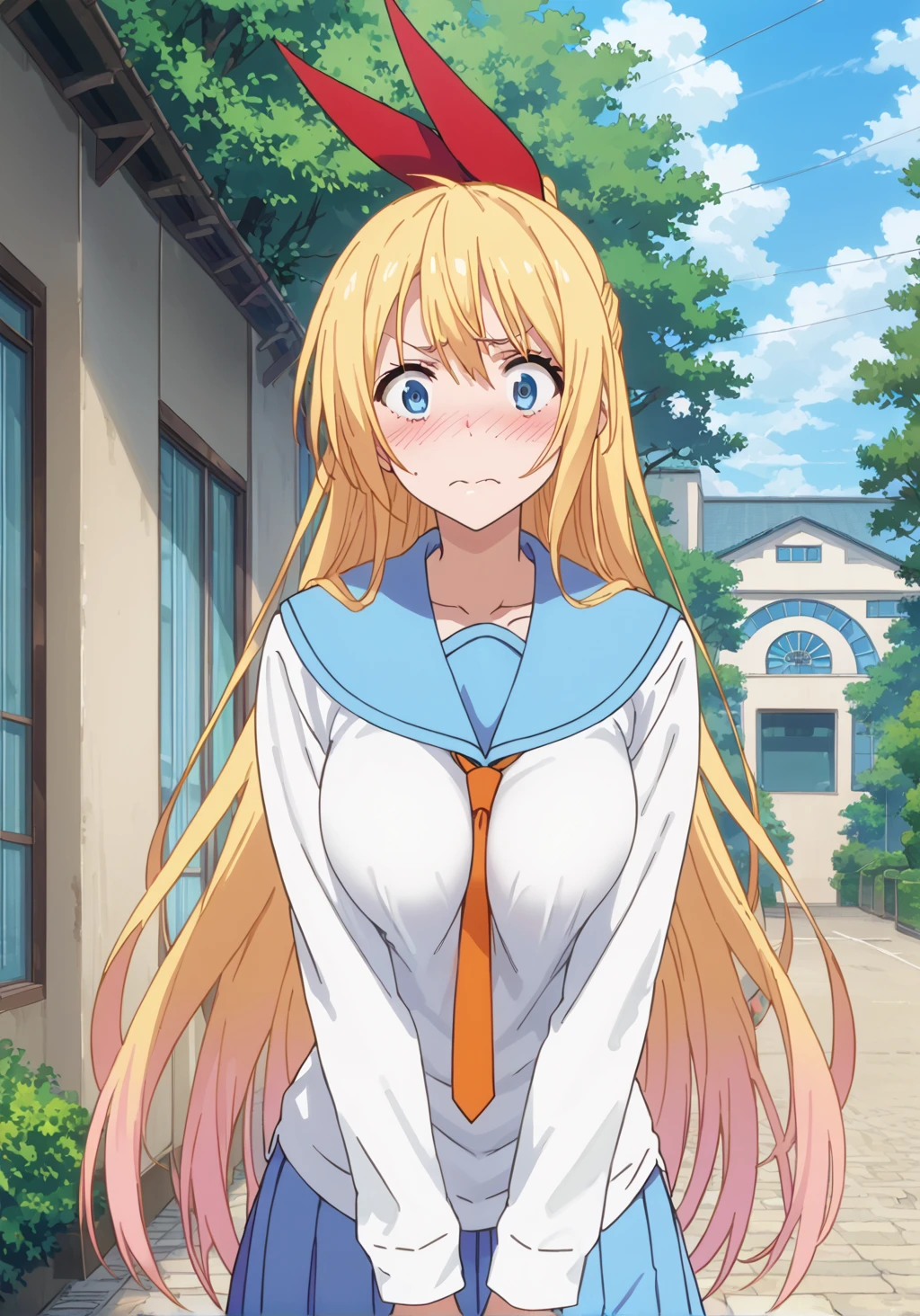 score_9, score_8_up, score_7_up,source_anime, 
solo, large breasts, looking at viewer, 
standing, outdoors, embarrassed, 
<lora:chitoge-pony:1>, chitoge, half up half down, hair ribbon, long hair, anime screencap, anime coloring, school uniform, serafuku, blue sailor collar, white shirt, orange necktie, blue skirt