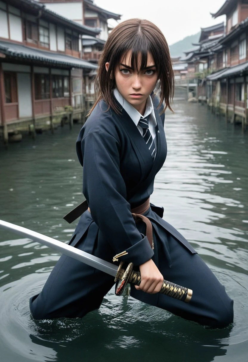 1girl,medium breasts, school uniform,
weapon, holding sword, battoujutsu, battoujutsu stance, ready to draw, sheathed, unsheathing, scabbard, fighting stance, 
from above, fisheye lens, looking down, water eye, workplace, closed mouth,
masterpiece, best quality, very aesthetic, absurdres