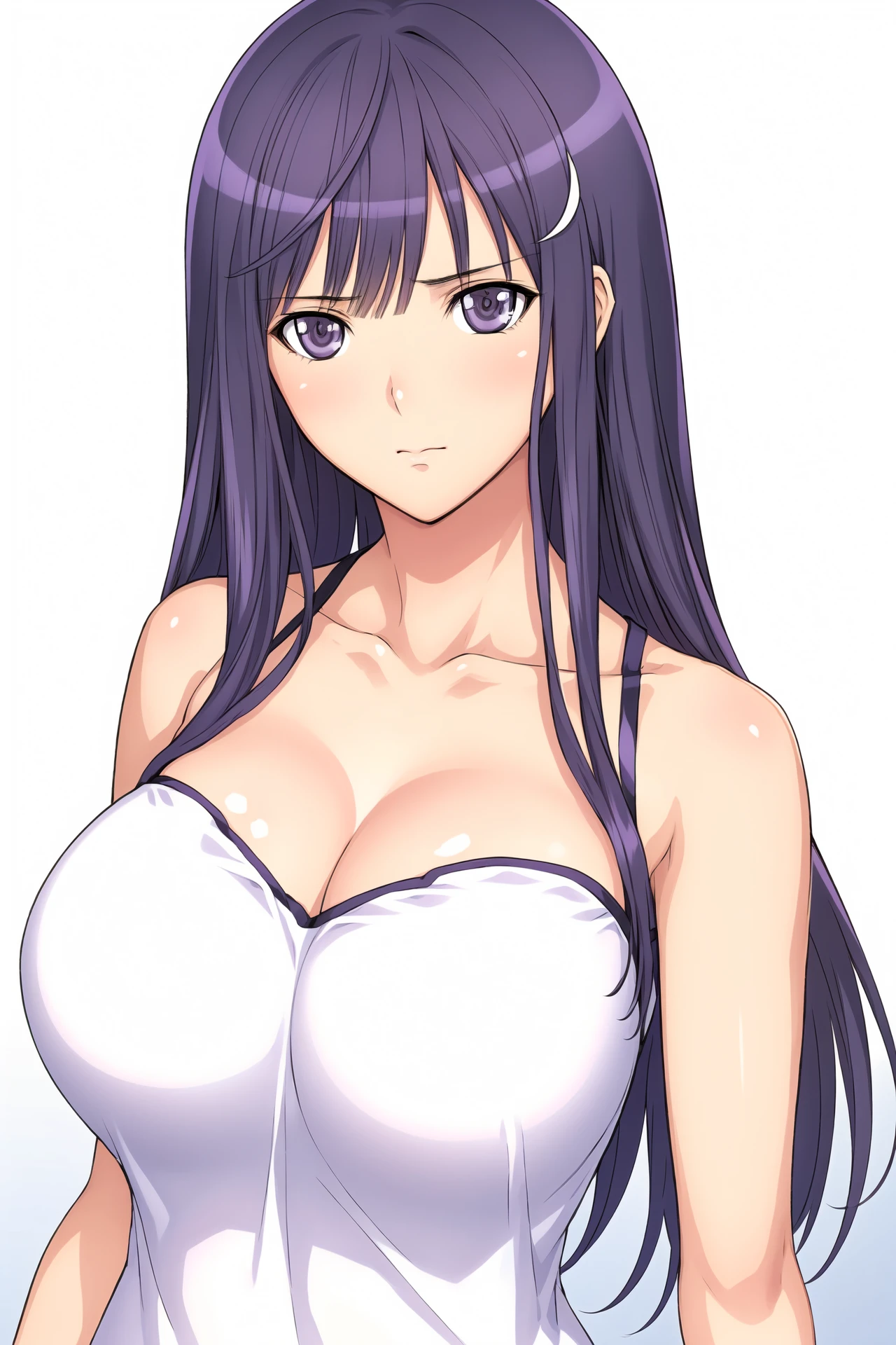 Simple Background,(White_Background:1.1),
dynamic pose,standing at attention,
white dress, bare shoulders, collarbone, cleavage, strapless, 
<lora:Maya_Kamiwazumi_Fault-KK77-V1:0.7>,
purple eyes, purple hair,bangs,Long hair,hair ornament, 
<lora:more_details:0.1>,<lora:NovelAI_YesMix5_KKStyle-KK77-Yes5-V1:0.3>,<lora:Oda_Non_Style2-KK77-Yes5-V1:0.3>,
1 girl, 20yo,Young female,Beautiful long legs,Beautiful body,
Beautiful Nose,Beautiful character design, perfect eyes, perfect face,expressive eyes,perfect balance,
looking at viewer,(Focus on her face),closed mouth, (innocent_big_eyes:1.0),(Light_Smile:0.3),
official art,extremely detailed CG unity 8k wallpaper, perfect lighting,Colorful, Bright_Front_face_Lighting,White skin,
(masterpiece:1.0),(best_quality:1.0), ultra high res,4K,ultra-detailed,
photography, 8K, HDR, highres, absurdres:1.2, Kodak portra 400, film grain, blurry background, bokeh:1.2, lens flare, (vibrant_color:1.2),professional photograph,
(Beautiful,large_Breasts:1.4), (beautiful_face:1.5),(narrow_waist),