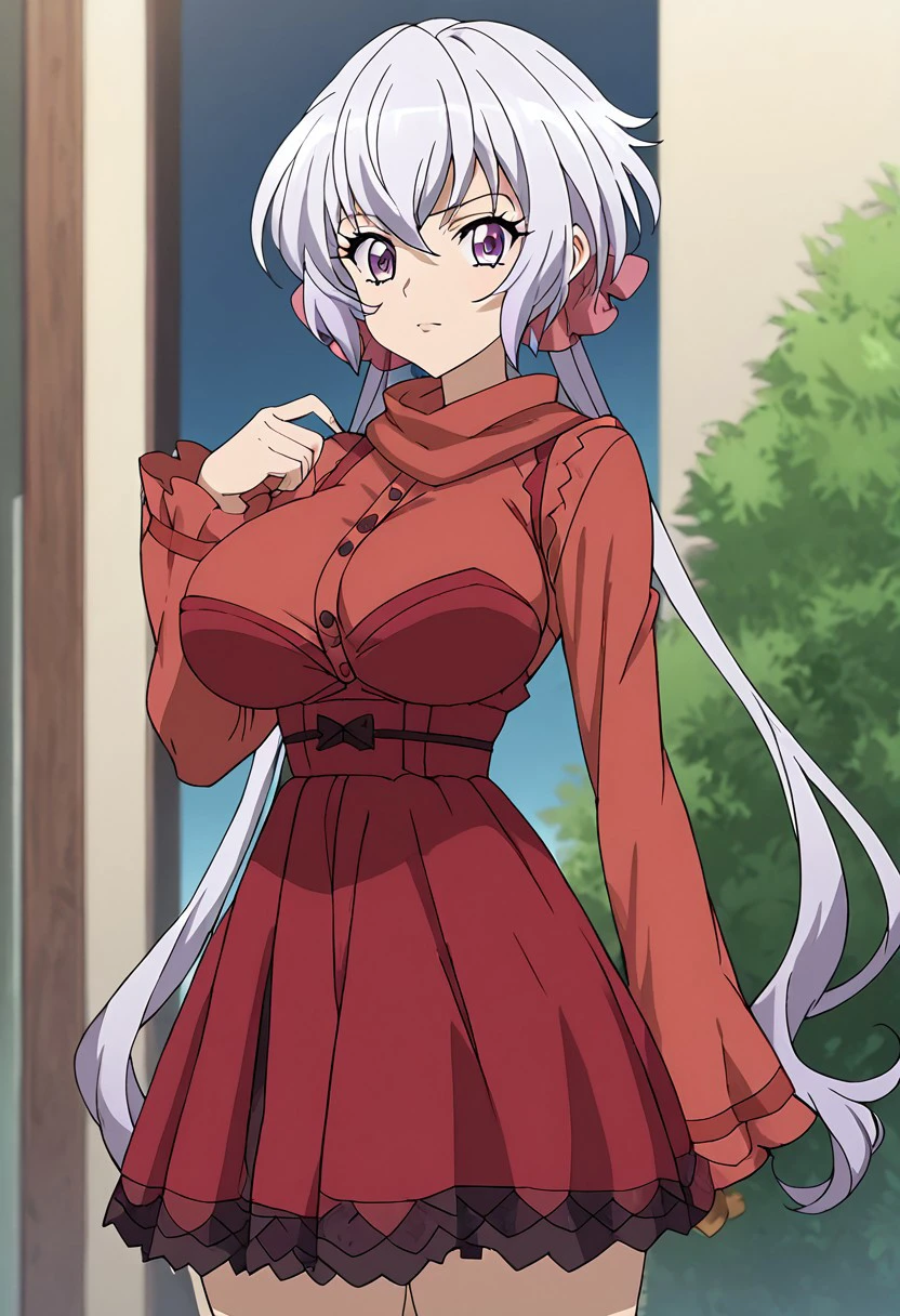 anime screencap, score_9, score_8_up, score_7_up, score_6_up, score_5_up, score_4_up, masterpiece, big breasts, big thighs, thin waist, Bottomless, Transparent background, Chris_Yukine, Long hair, white hair, twintails, purple eyes, long breasts, Red dress, thighhigh, sleeves,