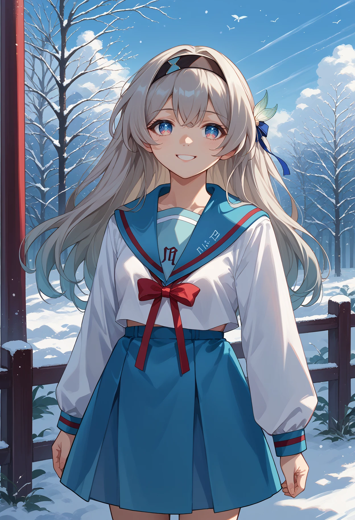 score_9, score_8_up, source_anime, 1girl, solo, KitaHighFemaleWinter, white shirt, blue sailor collar, long sleeves, red ribbon, blue skirt, FireflyHSR, blue pupils, long hair, black hairband, hair ornament, <lora:ChamFireflyV2PonyXL:1>, smile, outdoors, <lora:ChamKitaHighUniformPonyXL:1>