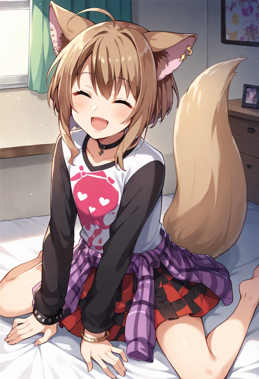 score_9,score_8_up,score_7_up,source_anime,masterpiece,best quality,game cg,1girl,solo,little_girl,fennery_(show_by_rock!!),animal ears,tail,short hair,closed eyes,brown hair,piercing,ear piercing,fox ears,fox tail,ahoge,red skirt,black skirt,checkered skirt,shirt,long sleeves,black sleeves,bracelet,choker,purple clothes around waist,<lora:fennerySB69:1>,sitting,legs_together,wariza,barefoot,looking_at_viewer,laughing,open mouth,bedroom,