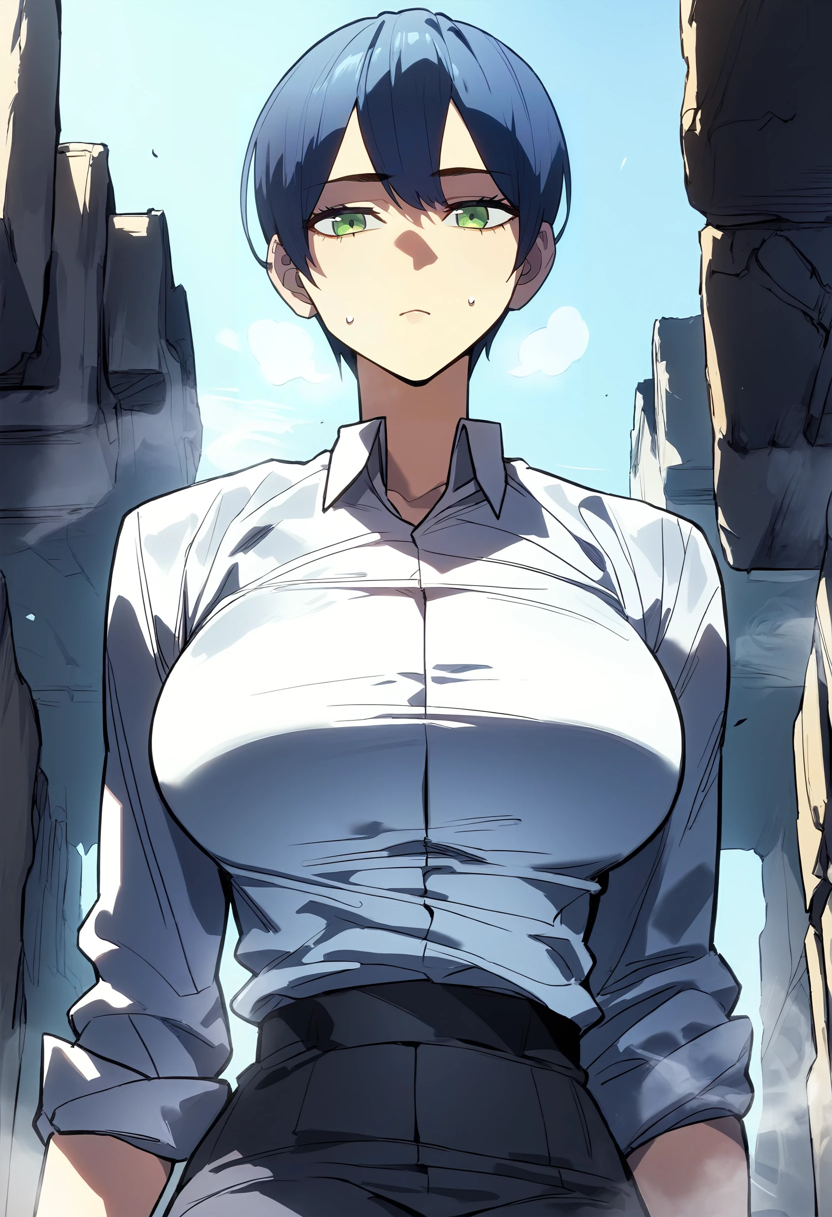 score_9, score_8_up, score_7_up, score_6_up, source_anime, rating_explicit, 1girl, solo, huge breasts, <lora:Yu a-yeongponyxl:1> short hair, green eyes, black hair, blue hair, white shirt, collared shirt, sleeves rolled up, black gloves, black pants, expressionless, Narrow shoulders, heavy breathing, steaming body, ruins, outdoors, looking at viewer, close-up