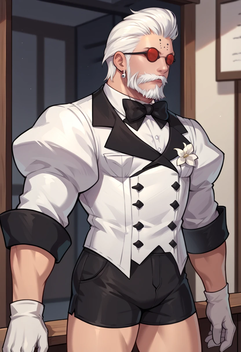 score_9, score_8_up,  score_7_up, source_anime, 1boy, solo, mlgdbtdrs, beard, black shorts, black trim, boutonniere, white flower,  bowtie, male focus, moustache,  white gloves, white hair, white jacket, earrings, forehead markings, puffy sleeves  <lora:godbert-pdxl:1>,  red-tinted eyewear, short shorts, grin, in profile