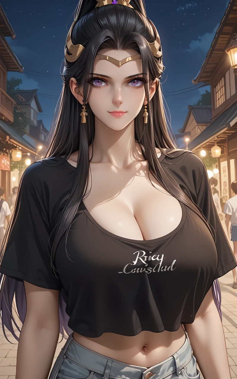 score_9,score_8_up,score_7_up,source_anime,night,
1girl,long hair,black hair,hair ornament,jewelry,t-shirt,shorts,rich,royal,huge breasts,navel,cleavage,facing viewer,looking at viewer,purple eyes,light smile,facing viewer,<lora:sect_leader-000016:0.65>,