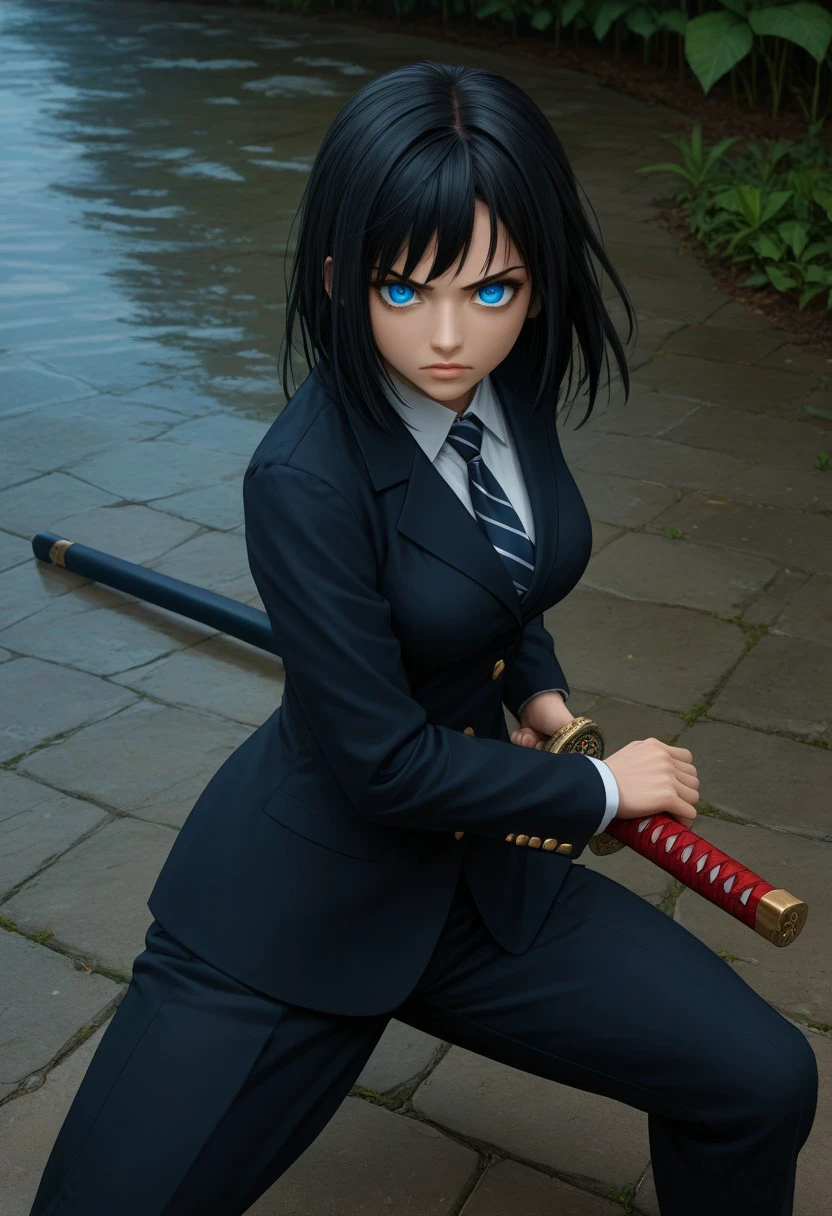 1girl,medium breasts, school uniform,
weapon, holding sword, battoujutsu, battoujutsu stance, ready to draw, sheathed, unsheathing, scabbard, fighting stance, 
from above, fisheye lens, looking down, water eye, workplace, closed mouth,
masterpiece, best quality, very aesthetic, absurdres