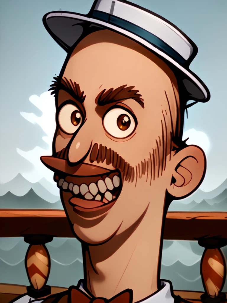 <lora:Dr_Barber_-_Misadventure_of_Flapjack:1.25> 1boy, male focus,  solo, lips, gumline, teeth, mustache, muttonchops, hat, boater hat, hat with stipe, bow, bowtie, brown bow tie, collared shirt, brown suspenders, portrait, looking at viewer,, source_cartoon, score_9, score_8_up, score_7_up,