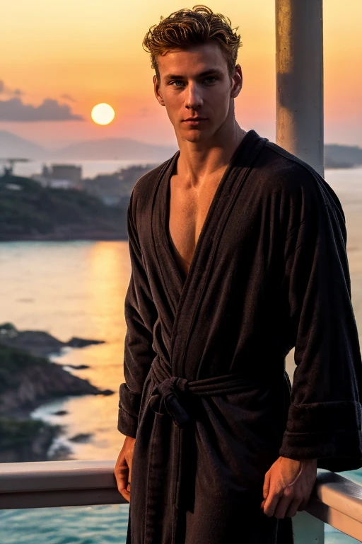 High resolution, photograph of  a handsome guy, (upper body) highly detailed, wearing  black cotton bath  robe at hotel balcony, sunset, (look at viewer) bokeh,  ocean view, sunburnt, detailed eyes, <lora:alexcowling:0.8> alexcowling  <lora:add_detail:0.7> elegant pose,, (masterpiece,best quality:1.5)