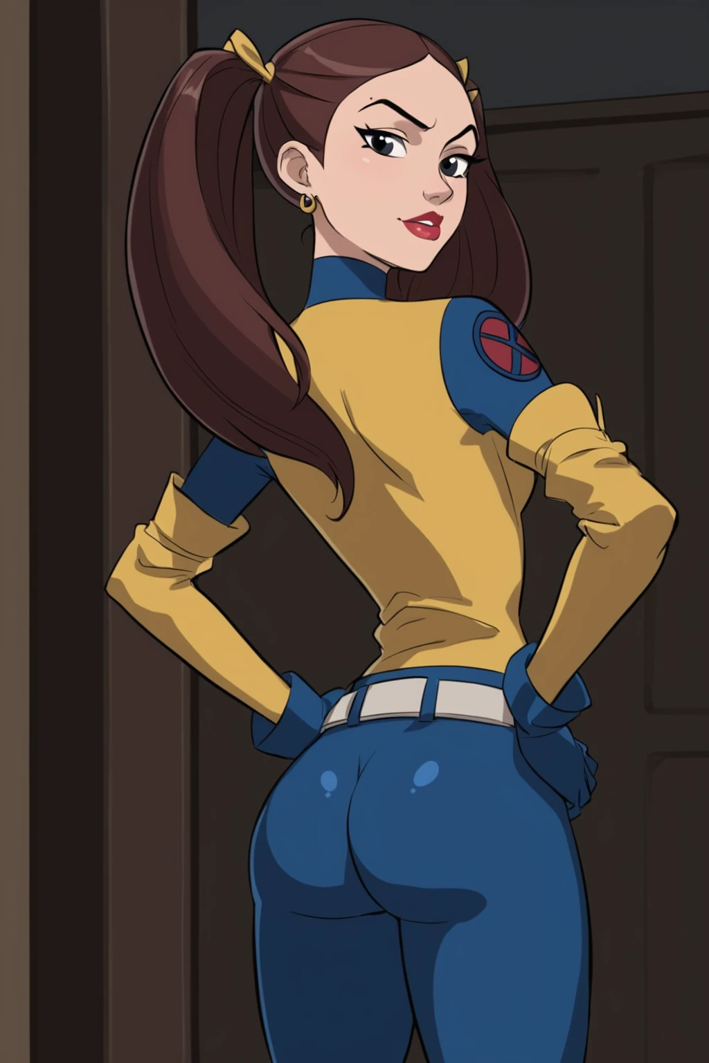 PonyXLV6_Scores BREAK (parody, animification, flat color, perfect anatomy, perfect eyes, absurd resolution) <lora:add-detail-xl:1>, <lora:add_details_xl:0.8> BREAK <lora:Shadowcat_r1:0.7> kitty pryde, brown hair, long hair, black eyes, lipstick, flirting, raised eyebrow, ((looking back at viewer)), twintails, jewelry, earrings, bodysuit, blue gloves, belt, shorts, pantyhose, toned, athletic, curvy, sexually suggestive pose, standing, hands on hip, indoors