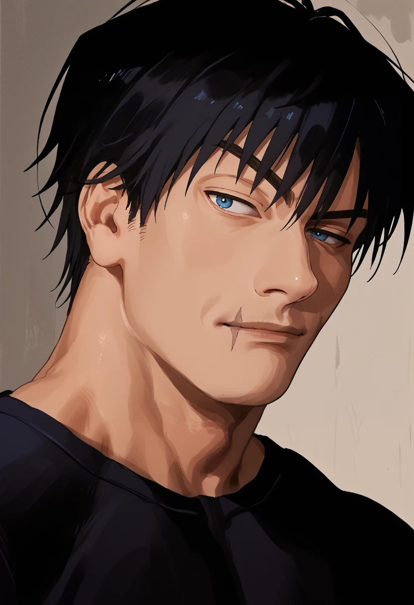 score_9, score_8_up, score_7_up, source_anime, upper body, portrait, solo, male focus, 1boy, jjkt0ji, scar on face, scar on mouth, muscular male, RocksEyebrowRaise, raised eyebrow, thick eyebrows, black hair, blue eyes, black shirt, short sleeves <lora:jjk_tojifushiguro_ponyXL:1> <lora:RocksEyebrowRaise_XLPD:1>