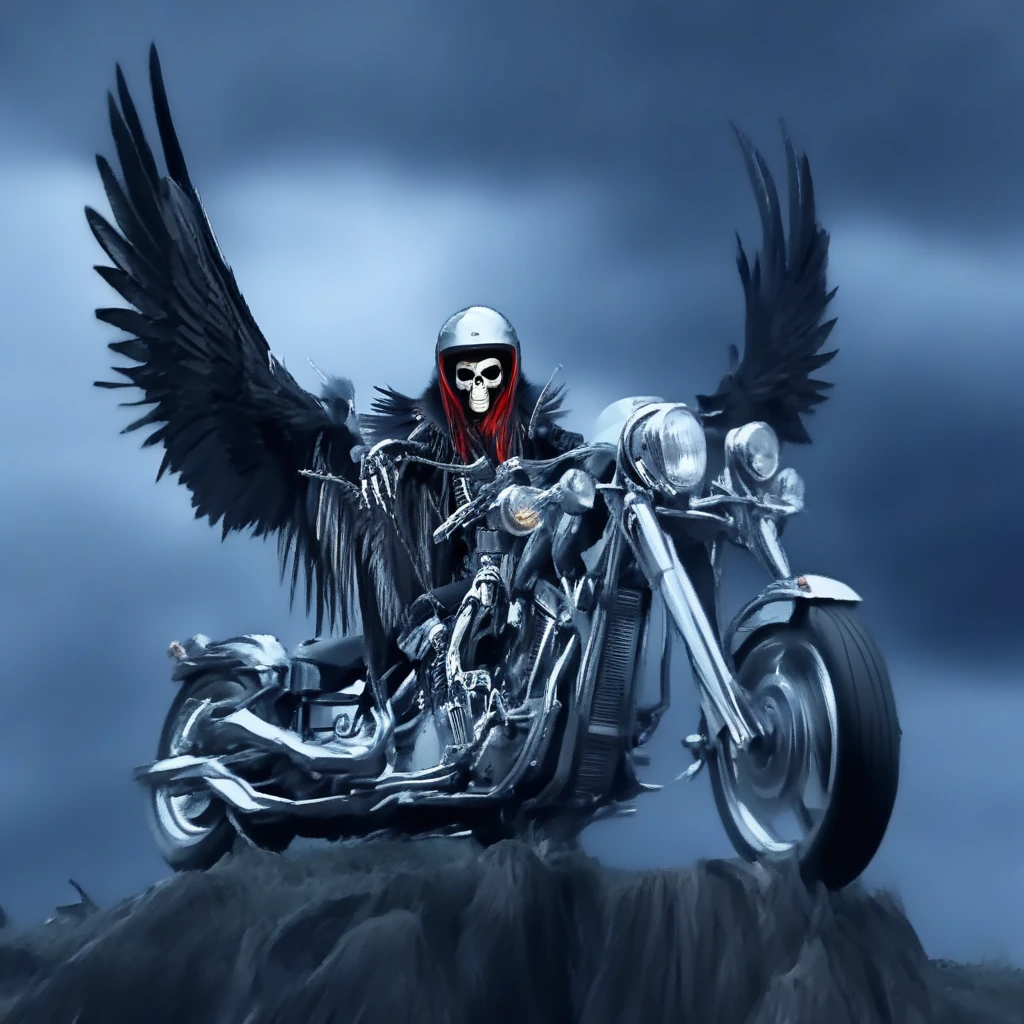 score_9, score_8_up, score_7_up, score_6_up, Cachilleos, dark winged creature, humanoid form, riding, sleek futuristic motorcycle, black feathered wings, spread wings, menacing angelic appearance, black leather outfit, intricate details, straps and buckles, red mask, futuristic motorcycle, metallic motorcycle body, large front wheel, dark stormy sky, large gnarled tree trunk, dark rocky terrain, rugged otherworldly landscape, fantasy, horror, sci-fi, motorcycle, motor vehicle, wings, black wings, feathered wings, weapon, solo, holding, feathers, mask, scythe, skull, border, black hair, sky, black feathers, outdoors, bird wings, on motorcycle, red mask, holding weapon, crow, helmet, long hair, gun, vehicle focus, skeleton, grim reaper, reaper's wings, wings spread wide, silver motorcycle, long handlebar, curved handlebar, black tire, metallic silver suit, suit adorned with black accents