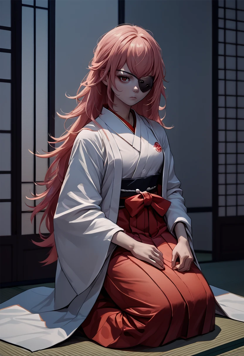 score_9, score_8_up, score_7_up, source_anime, solo, 1girl, cz2128delta, expressionless, looking at viewer, kneeling, pink hair, eyepatch, japanese clothes, white kimono, red hakama, hakama skirt, indoors, east asian architecture <lora:ol_cz2128delta_ponyXL:1>