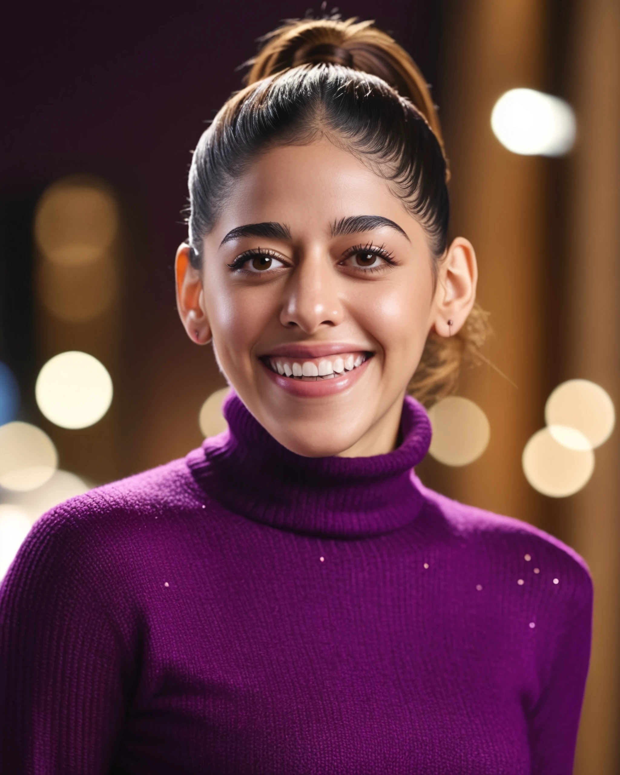 portrait photo of Alaya F woman, solo, ponytail hair cut, laughing, looking at the camera, ethnic Plum turtleneck sweater, night time, contrasting background bokeh,  skindentation,  <lora:Alaya_F_SDXL_LoRA_prodigy_local_xformers_HNE:1>