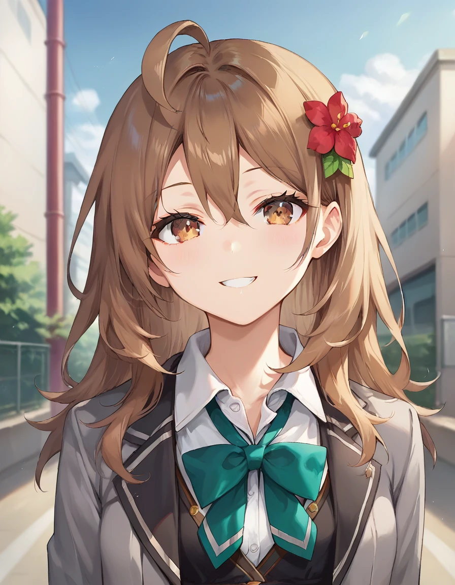 score_9,score_8_up,score_7_up,score_6_up BREAK official art,solo,outdoors,upper body,(portrait:1.5),looking at viewer,facing viewer,smile,Mariya Mikhailovna Kujou,ahoge,long hair,brown hair,hair ornament,hair flower,sidelocks,hair between eyes,parted bangs,brown eyes,school uniform,grey jacket,cropped jacket,open clothes,open jacket,wing collar,green bowtie,black dress,pleated dress,collared shirt,white shirt,medium breasts,skindentation,long sleeves,zettai ryouiki,black thighhighs,black footwear,loafers,<lora:Mariya Mikhailovna Kujou(tsrdta)-Pony:0.9>,<lora:Smooth Anime Style LoRA XL:0.8>,