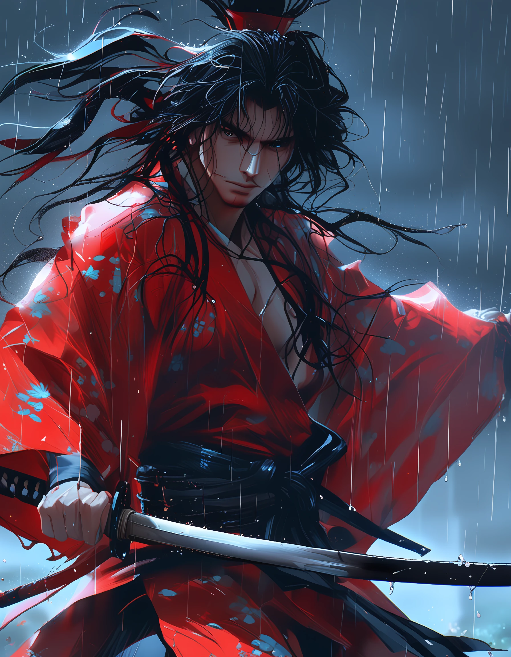 digital artwork of a samurai warrior in a red kimono holding a sword and standing in the rain. The warrior has long hair and a stern expression. The background is a dark rainy night

















































































































































































































































