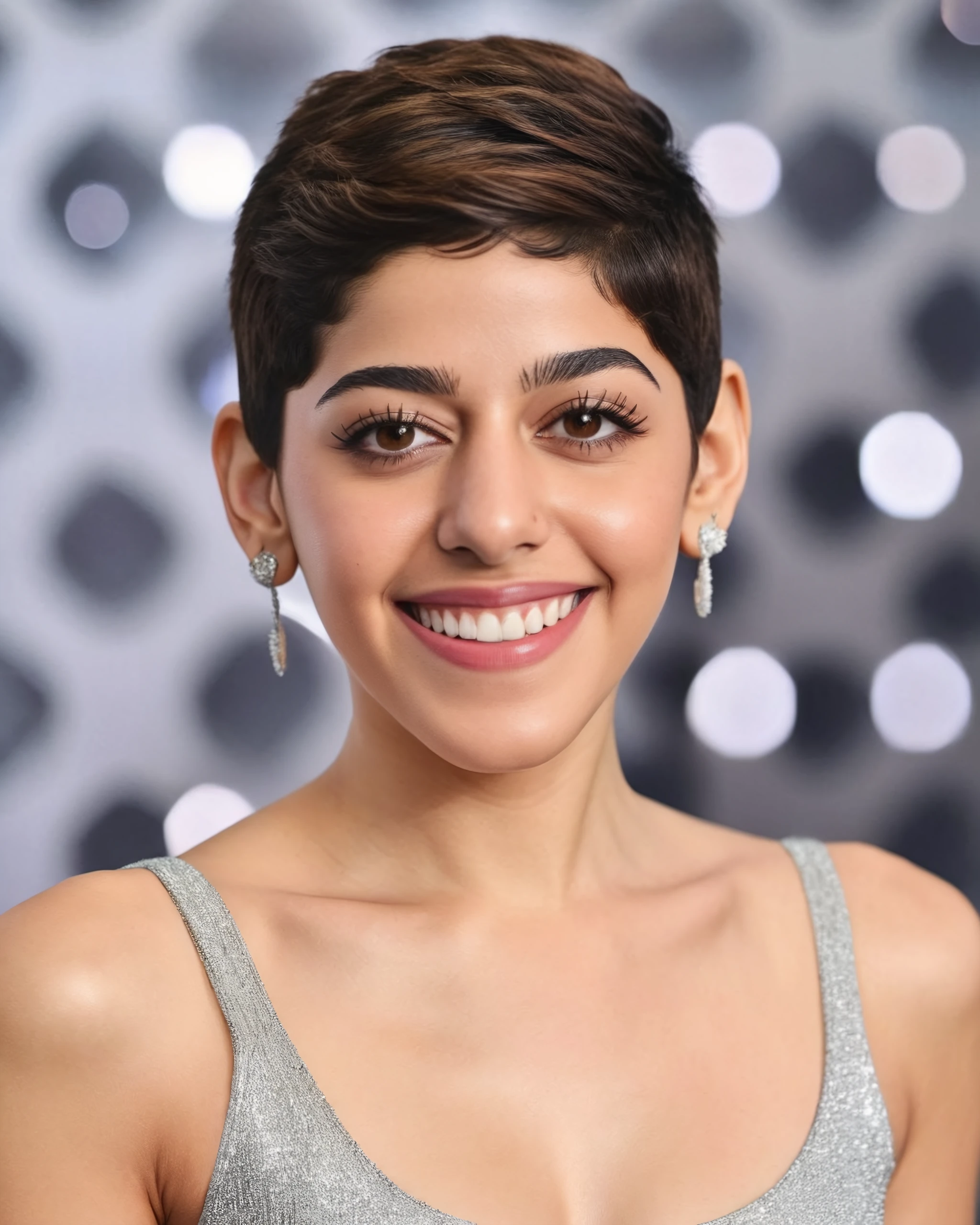 upper body photo of Alaya F woman, solo, pixie hair cut, smile, looking at the camera, ethnic Silver , , contrasting background bokeh,  skindentation,  <lora:Alaya_F_SDXL_LoRA_prodigy_local_xformers_HNE:1>